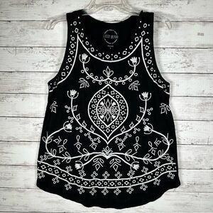 Lucky Brand Tank Top Boho Embroidery Cotton Black White L New